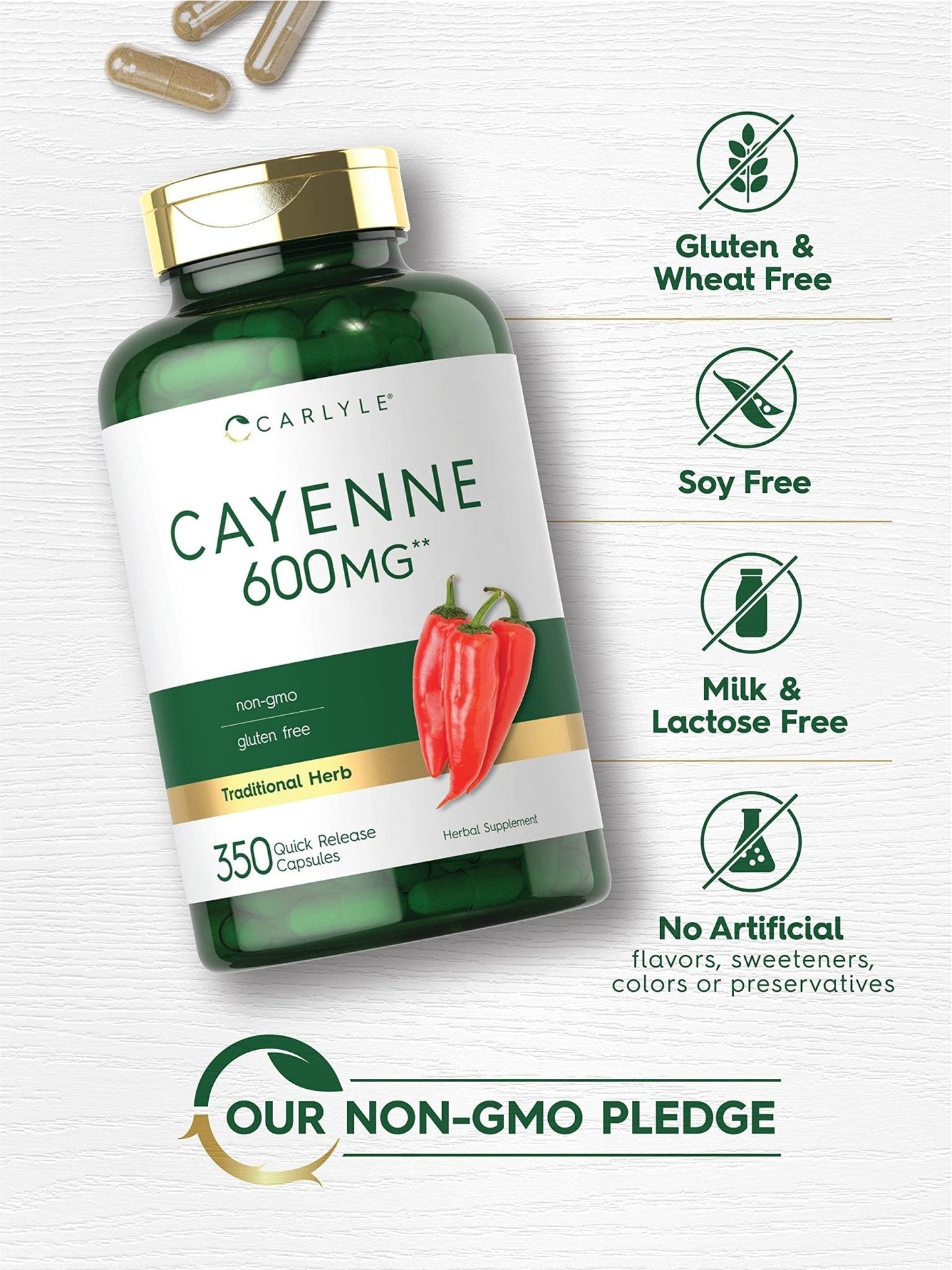Carlyle Cayenne Pepper Capsules 600mg | 350 Pills | Non-GMO, Gluten Free Supplement - Maple Wellness Supplements