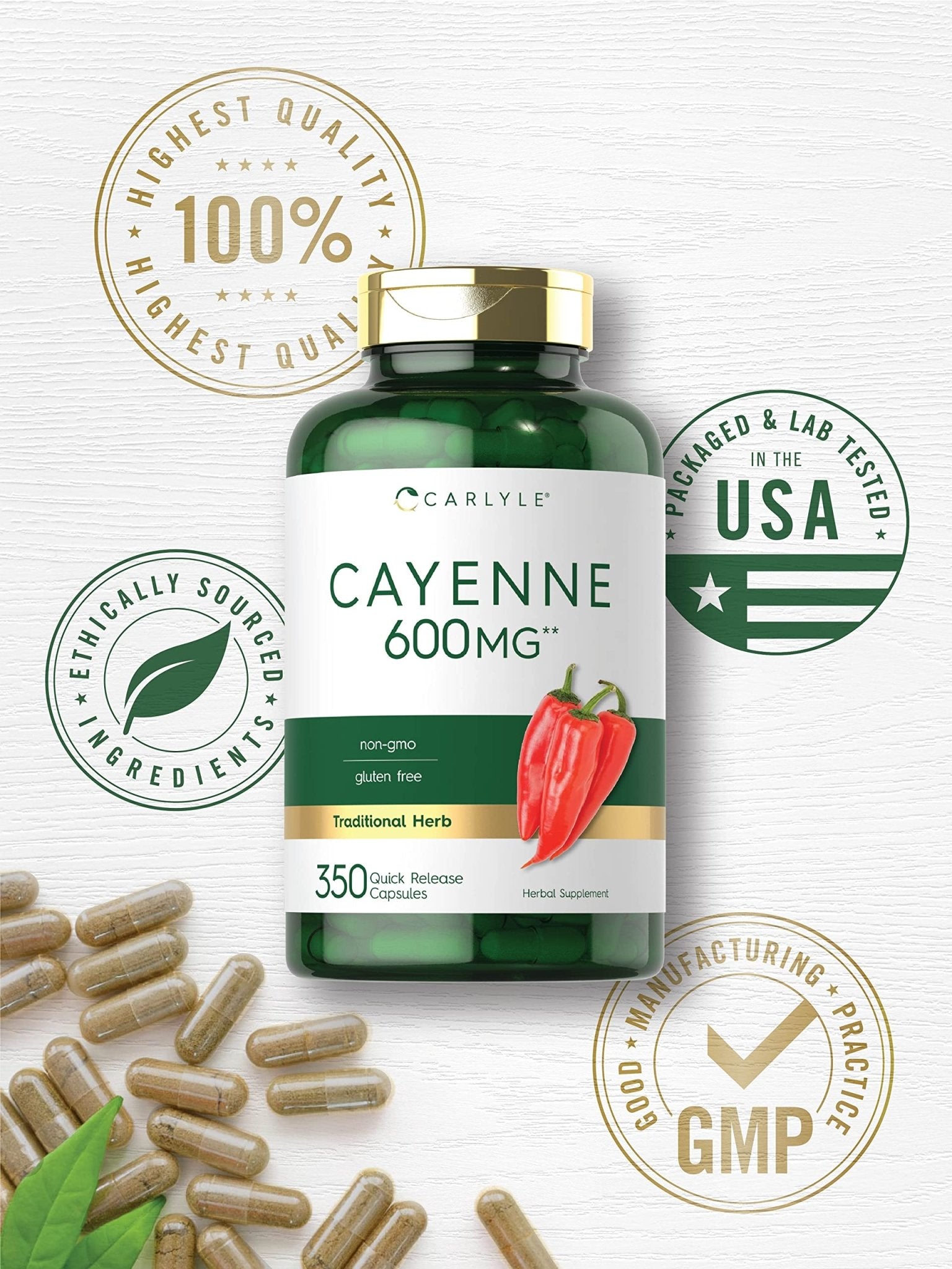 Carlyle Cayenne Pepper Capsules 600mg | 350 Pills | Non-GMO, Gluten Free Supplement - Maple Wellness Supplements