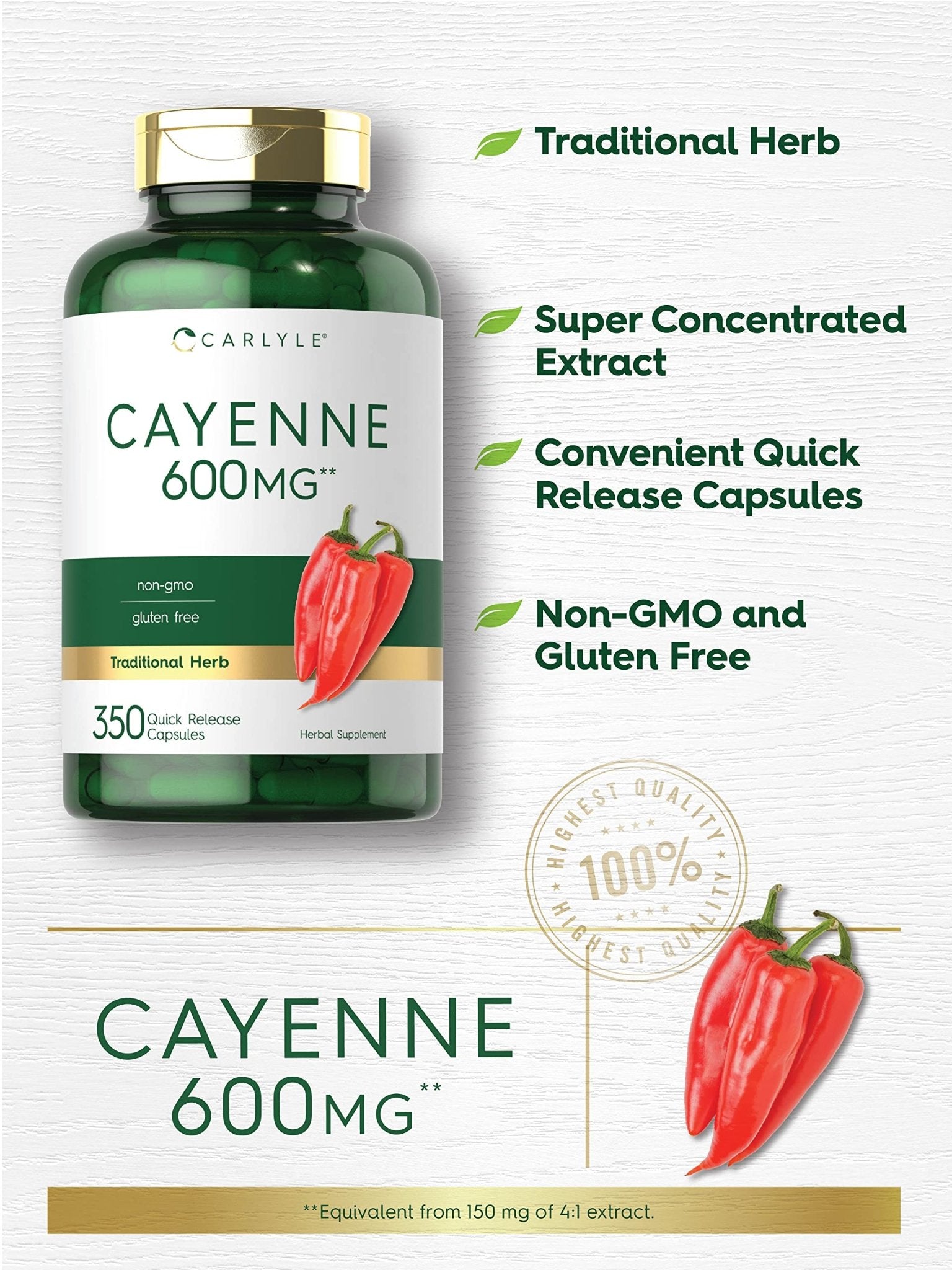 Carlyle Cayenne Pepper Capsules 600mg | 350 Pills | Non-GMO, Gluten Free Supplement - Maple Wellness Supplements