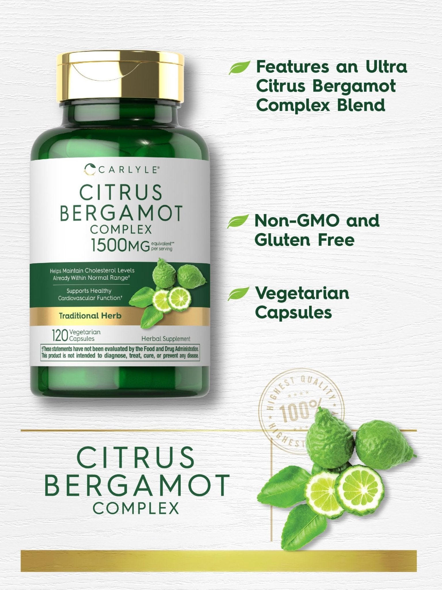 Carlyle Citrus Bergamot Supplement | Extract Complex | 120 Capsules | Non-GMO, Gluten Free - Maple Wellness Supplements