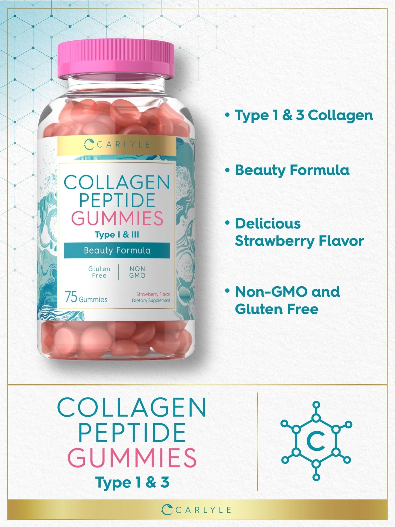 Carlyle Collagen Gummies | Strawberry Flavor Beauty Supplement | Collagen Peptides for Women & Men | Type 1 & 3 | Non-GMO, Gluten Free - Maple Wellness Supplements