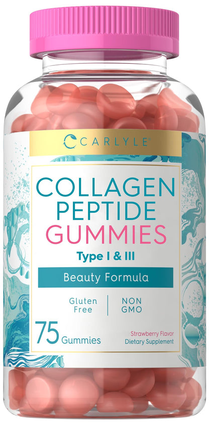 Carlyle Collagen Gummies | Strawberry Flavor Beauty Supplement | Collagen Peptides for Women & Men | Type 1 & 3 | Non-GMO, Gluten Free - Maple Wellness Supplements