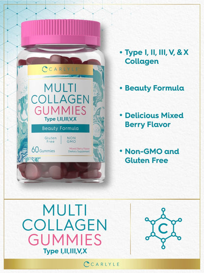 Carlyle Collagen Peptides Gummies | 60 Count | Multi Collagen Complex | Beauty Formula Supplement | Mixed Berry Flavor | Non-GMO, Gluten Free - Maple Wellness Supplements