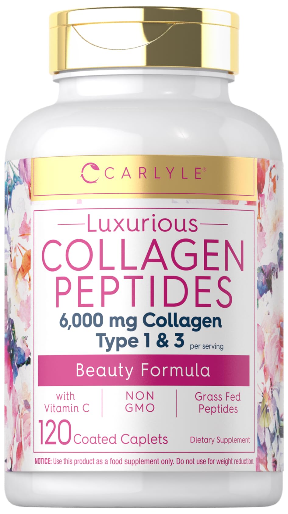 Carlyle Collagen Peptides with Vitamin C | 6000mg | 120 Caplets | Grass Fed Type II & III | Beauty Formula | Non-GMO, Gluten Free Supplement - Maple Wellness Supplements