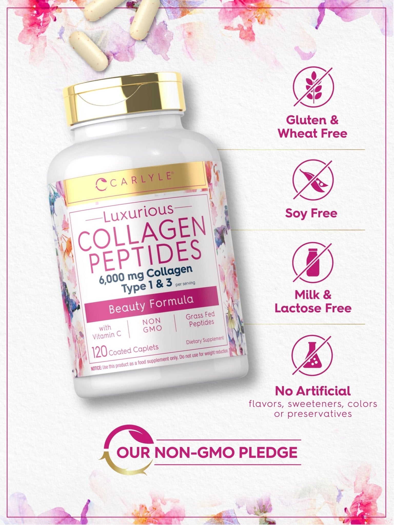 Carlyle Collagen Peptides with Vitamin C | 6000mg | 120 Caplets | Grass Fed Type II & III | Beauty Formula | Non-GMO, Gluten Free Supplement - Maple Wellness Supplements
