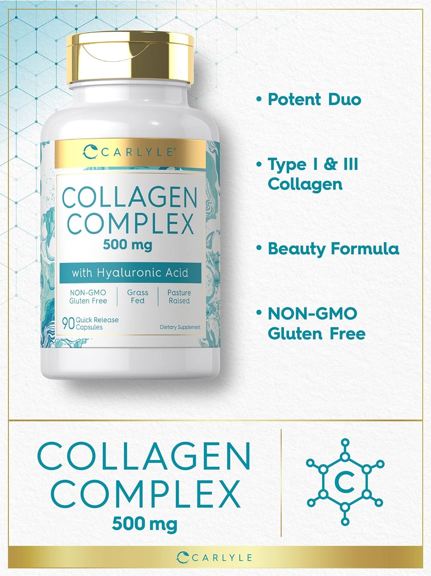 Carlyle Collagen Pills with Hyaluronic Acid | 500mg | 90 Capsules | Hydrolyzed Collagen Type 1 and 3 | Non-GMO, Gluten Free Supplement - Maple Wellness Supplements