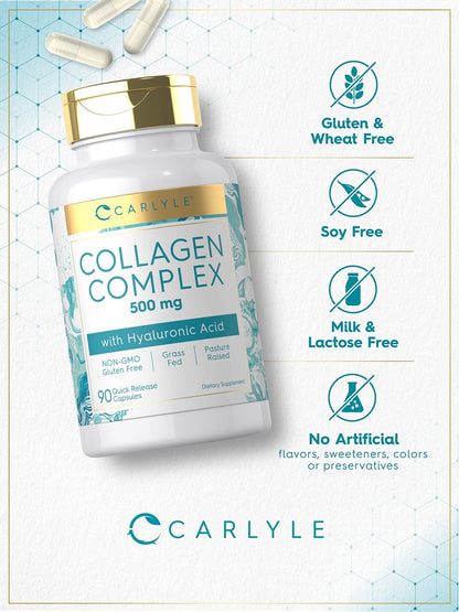 Carlyle Collagen Pills with Hyaluronic Acid | 500mg | 90 Capsules | Hydrolyzed Collagen Type 1 and 3 | Non-GMO, Gluten Free Supplement - Maple Wellness Supplements