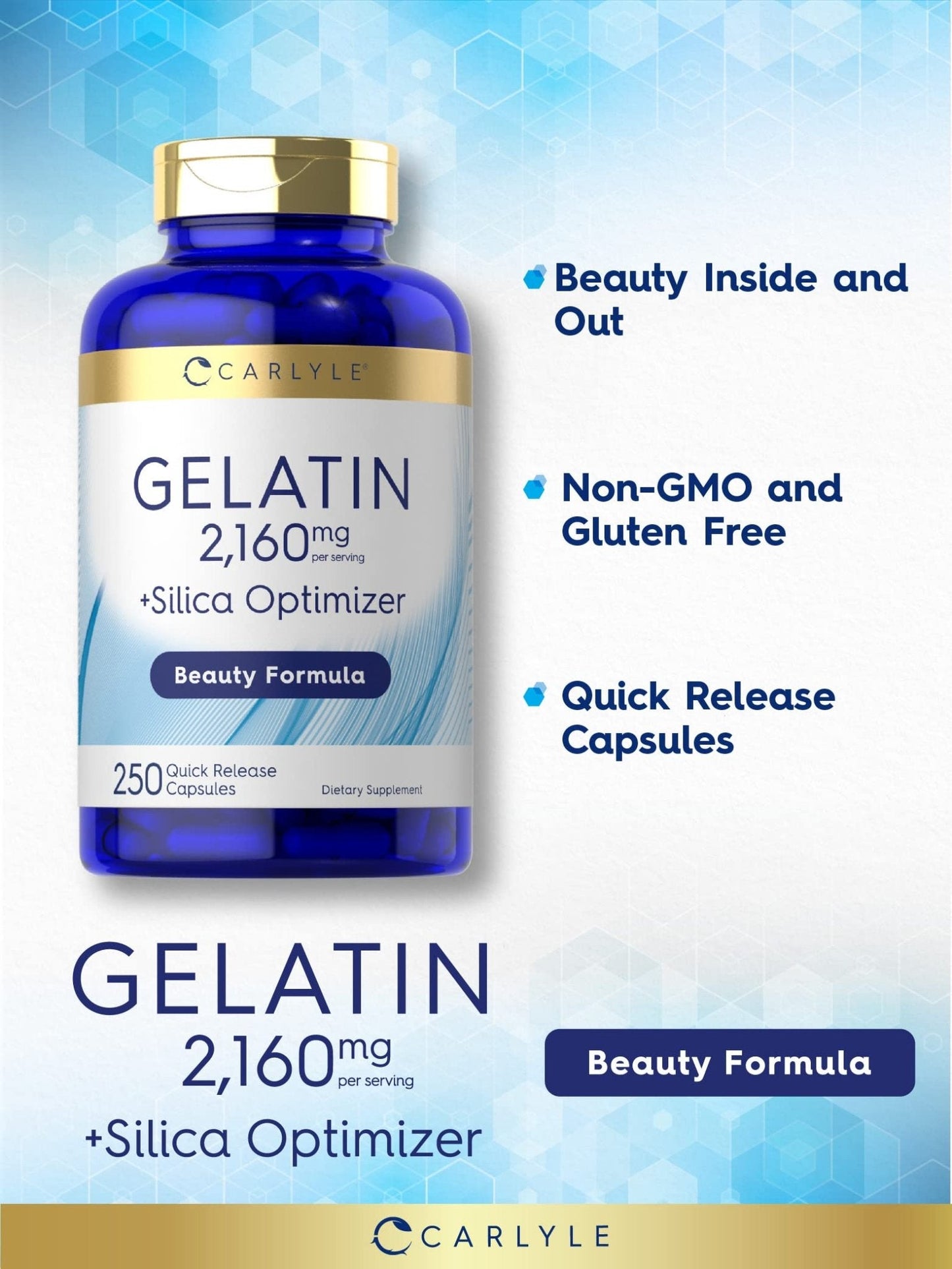 Carlyle Gelatin Capsules | 2160 mg | 250 Pills | with Silica Optimizer | Non-GMO, and Gluten Free Supplement - Maple Wellness Supplements