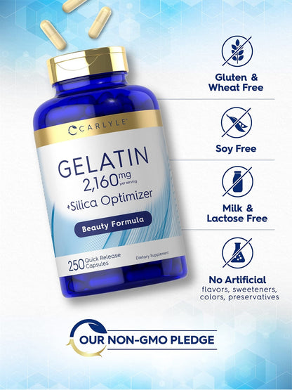 Carlyle Gelatin Capsules | 2160 mg | 250 Pills | with Silica Optimizer | Non-GMO, and Gluten Free Supplement - Maple Wellness Supplements