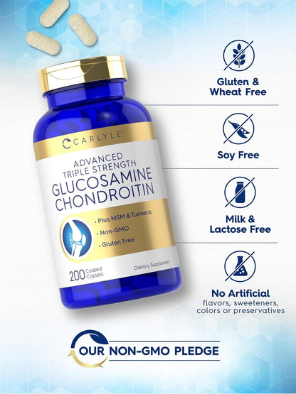 Carlyle Glucosamine Chondroitin MSM Turmeric | 200 Count | Advanced Triple Strength Supplement | Non-GMO & Gluten Free - Maple Wellness Supplements