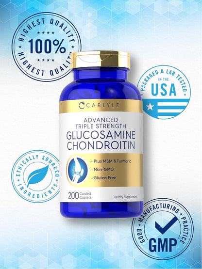 Carlyle Glucosamine Chondroitin MSM Turmeric | 200 Count | Advanced Triple Strength Supplement | Non-GMO & Gluten Free - Maple Wellness Supplements