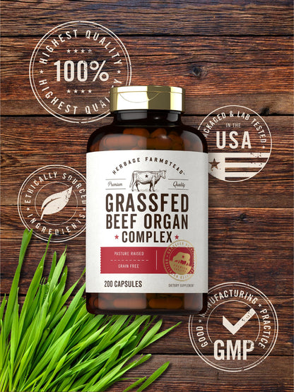 Carlyle Grass Fed Beef Organ Complex | 200 Capsules | Pasture Raised, Grain Free Supplement | with Desiccated Liver, Kidney, Pancreas, Heart, Spleen - Maple Wellness Supplements