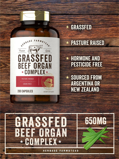 Carlyle Grass Fed Beef Organ Complex | 200 Capsules | Pasture Raised, Grain Free Supplement | with Desiccated Liver, Kidney, Pancreas, Heart, Spleen - Maple Wellness Supplements