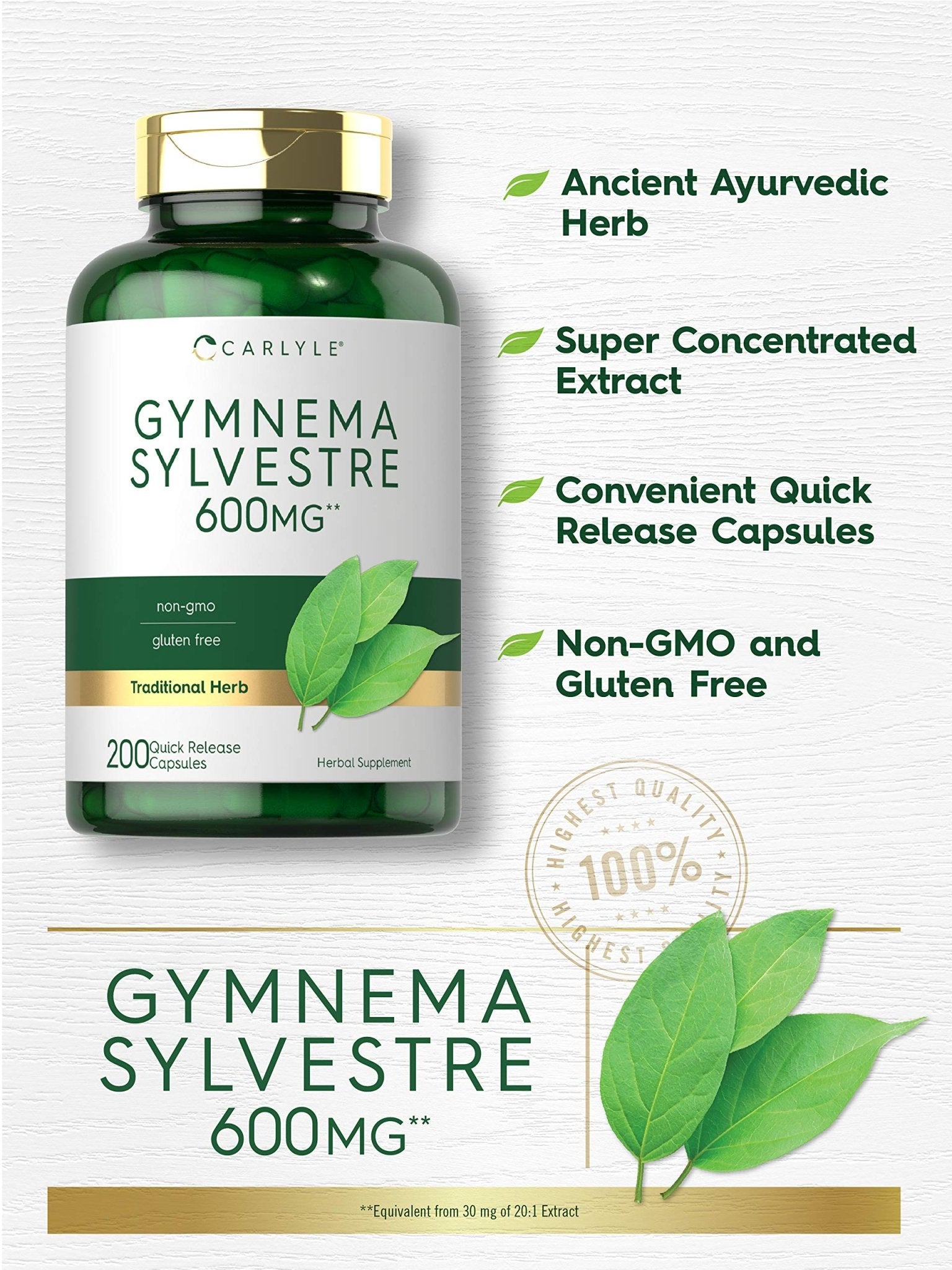 Carlyle Gymnema Sylvestre Capsules | 200 Count | Non-GMO and Gluten Free Supplement - Maple Wellness Supplements
