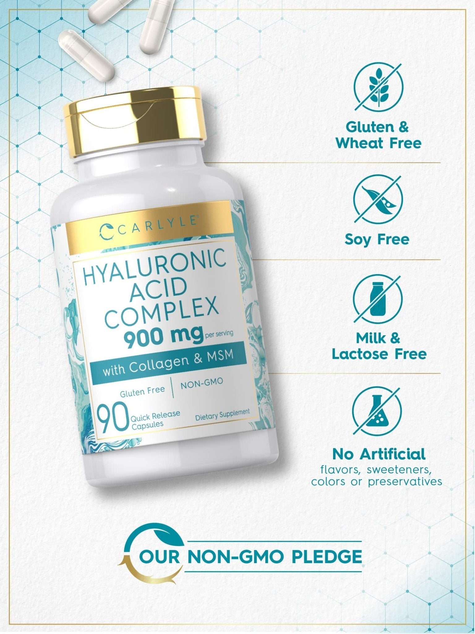 Carlyle Hyaluronic Acid Complex 900 mg | with Collagen and MSM | 90 Capsules | Non-GMO, Gluten Free Supplement - Maple Wellness Supplements