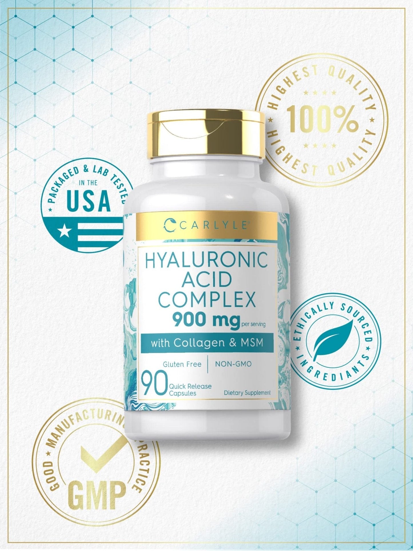 Carlyle Hyaluronic Acid Complex 900 mg | with Collagen and MSM | 90 Capsules | Non-GMO, Gluten Free Supplement - Maple Wellness Supplements