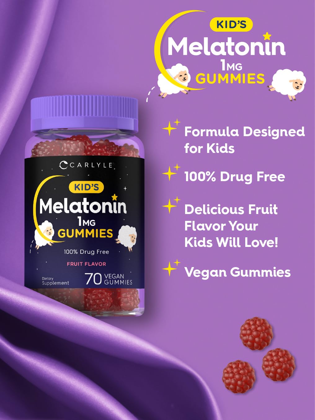 Carlyle Kids Melatonin Gummies | 1 mg 70 Count | Fruit Flavor Gummy | Vegan, Non-GMO, Gluten Free - Maple Wellness Supplements