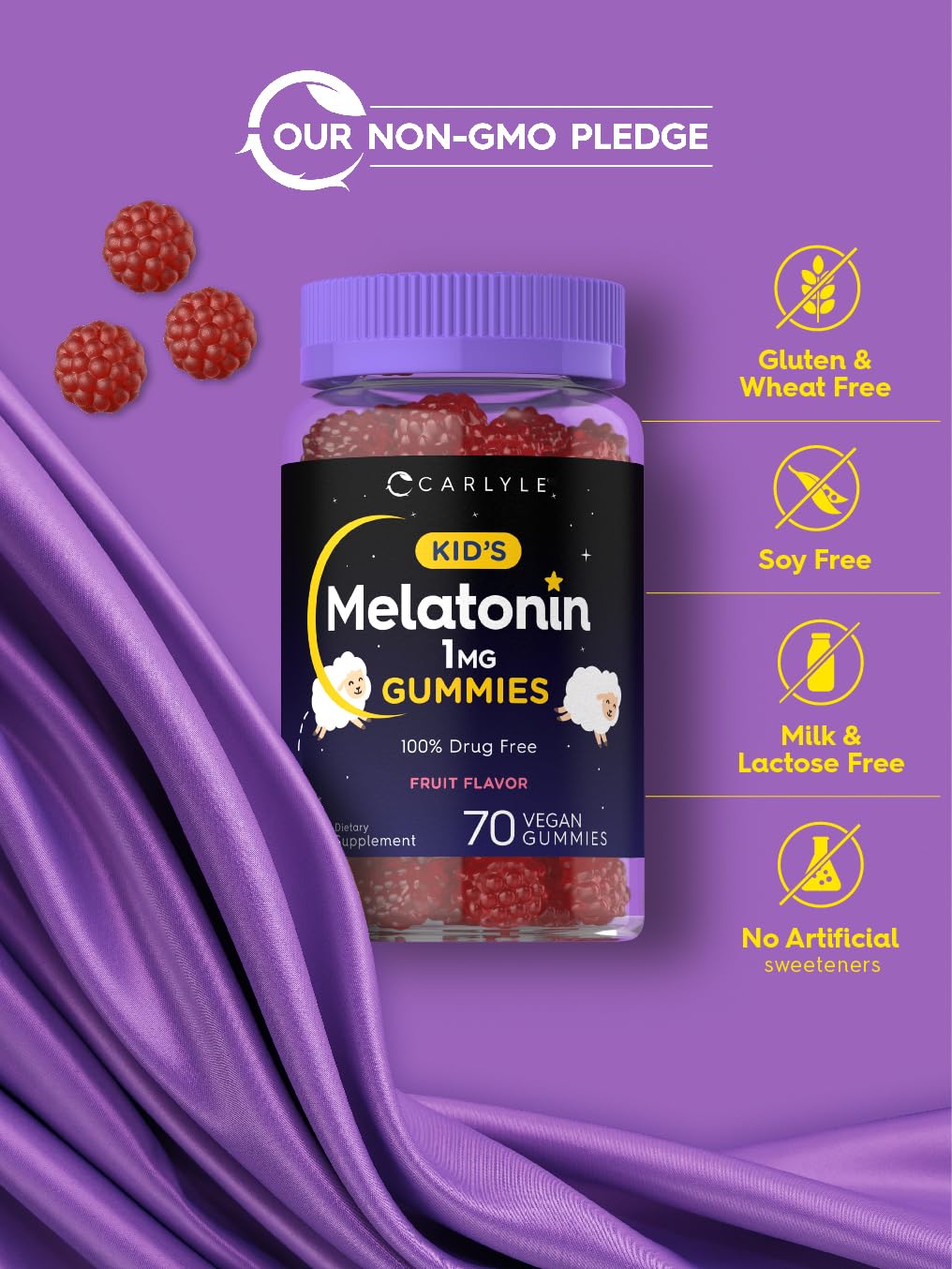 Carlyle Kids Melatonin Gummies | 1 mg 70 Count | Fruit Flavor Gummy | Vegan, Non-GMO, Gluten Free - Maple Wellness Supplements