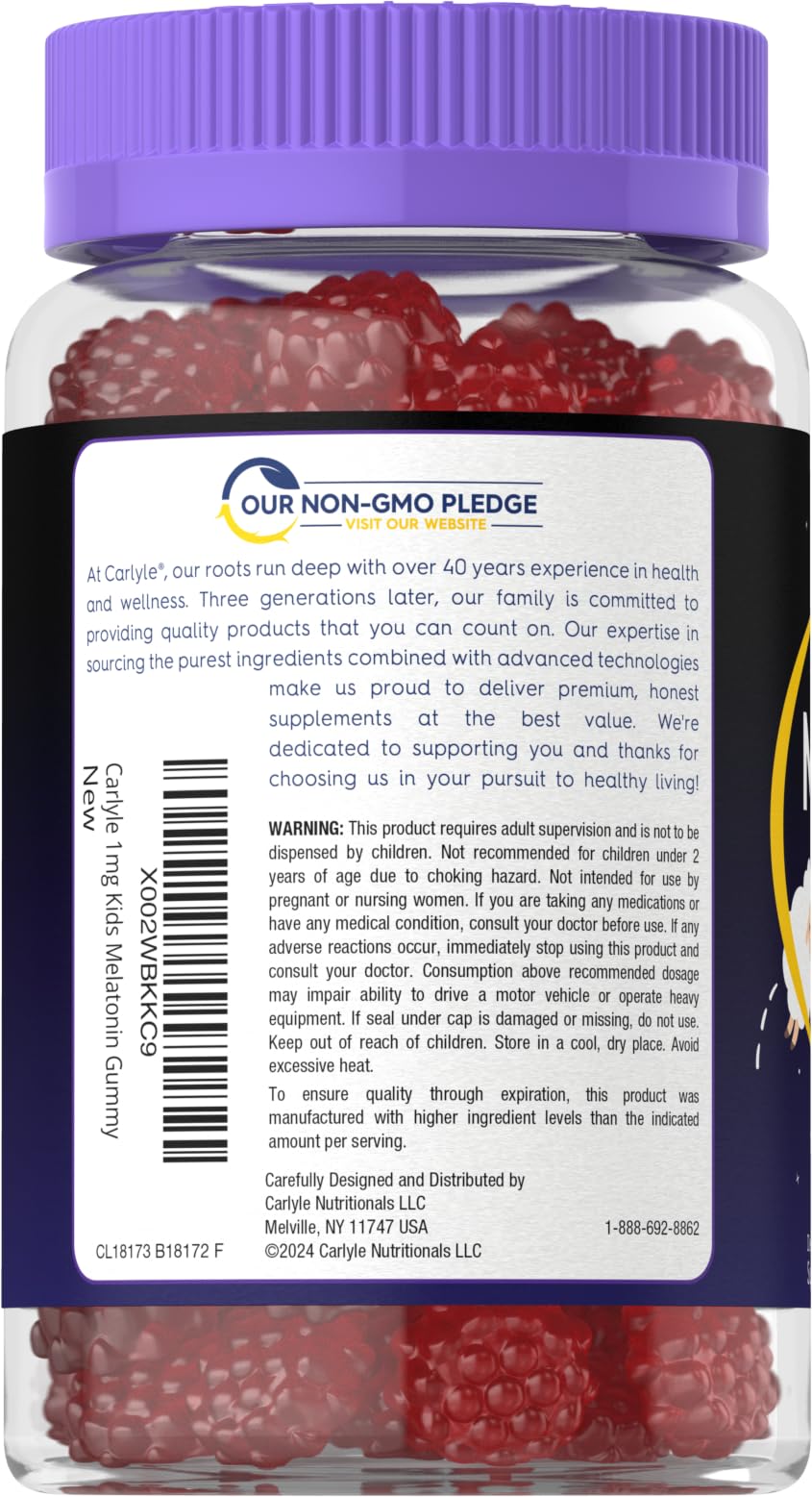 Carlyle Kids Melatonin Gummies | 1 mg 70 Count | Fruit Flavor Gummy | Vegan, Non-GMO, Gluten Free - Maple Wellness Supplements