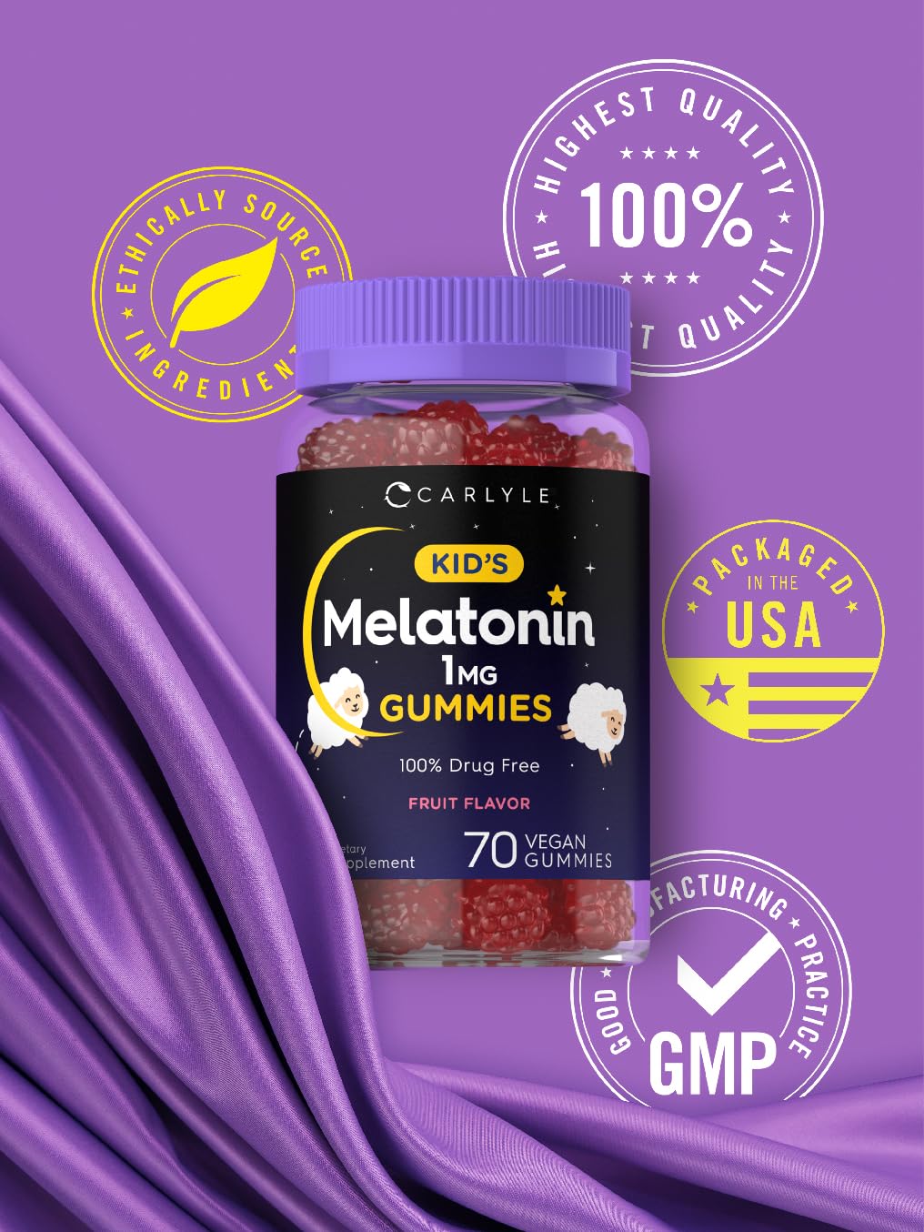 Carlyle Kids Melatonin Gummies | 1 mg 70 Count | Fruit Flavor Gummy | Vegan, Non-GMO, Gluten Free - Maple Wellness Supplements