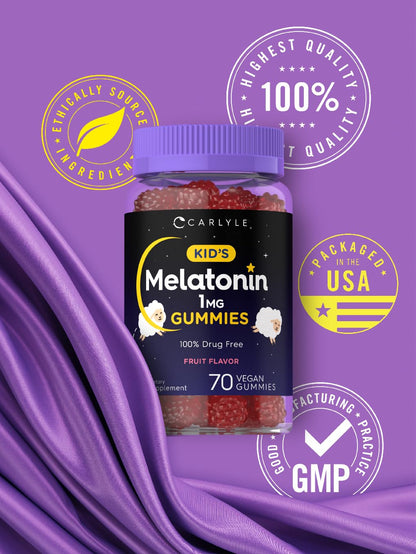 Carlyle Kids Melatonin Gummies | 1 mg 70 Count | Fruit Flavor Gummy | Vegan, Non-GMO, Gluten Free - Maple Wellness Supplements