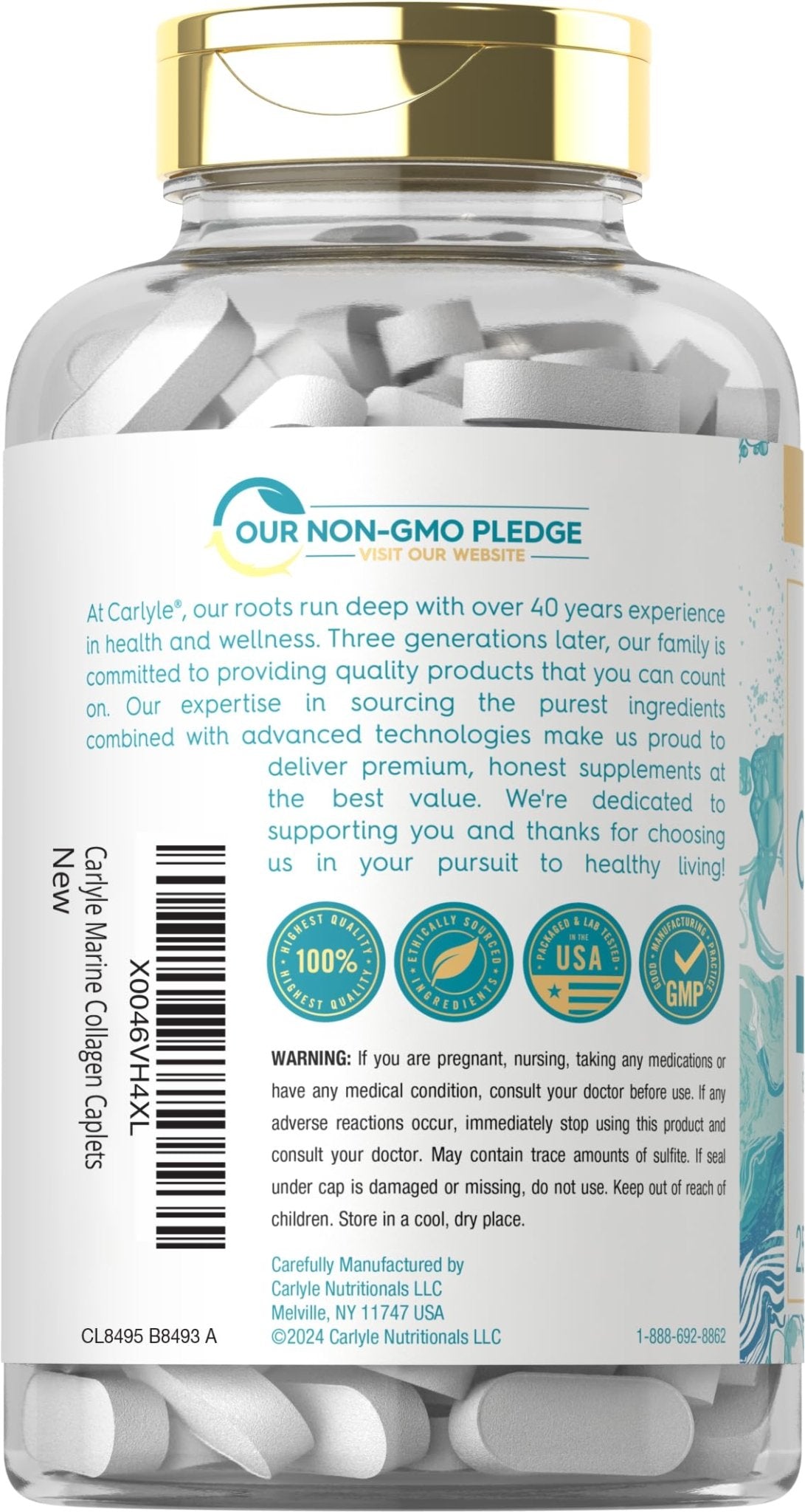 Carlyle Marine Collagen for Hair Skin and Nails | 250 Caplets | Peptides for Women and Men | Type I with Calcium | Non-GMO & Gluten Free - Maple Wellness Supplements