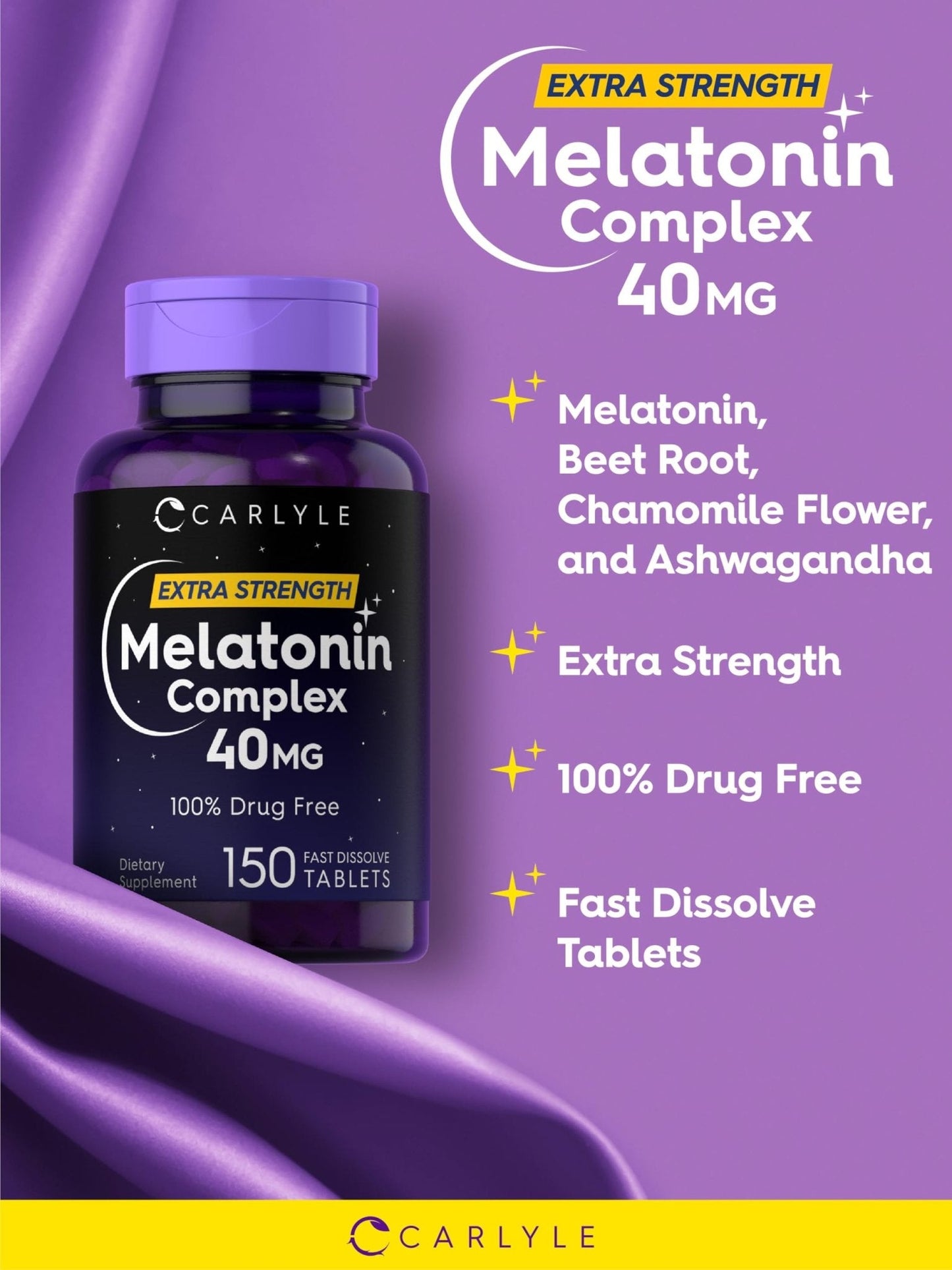 Carlyle Melatonin 40mg Complex | 150 Fast Dissolve Tablets | Extra Strength Support | with Ashwagandha and Chamomile | Vegetarian, Non-GMO, Gluten Free Supplement - Maple Wellness Supplements