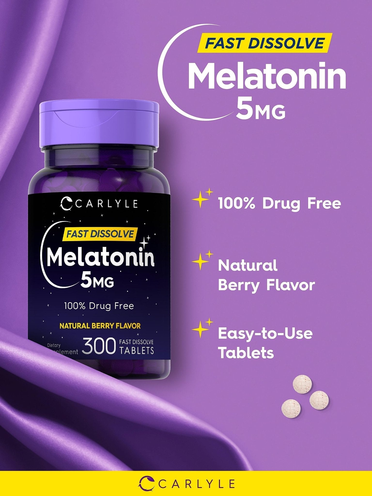 Carlyle Melatonin 5 mg Fast Dissolve 300 Tablets | Berry Flavor | Vegetarian, Non-GMO Supplement - Maple Wellness Supplements
