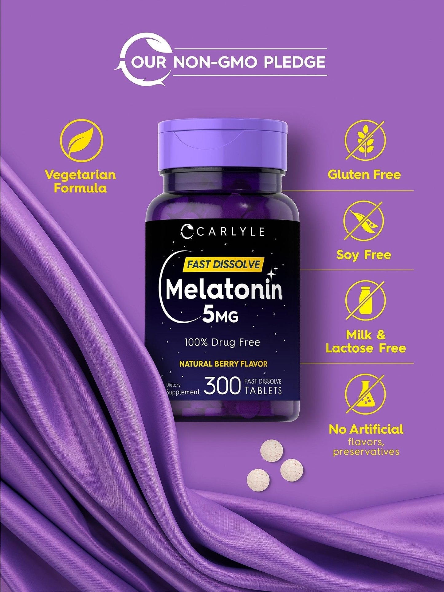 Carlyle Melatonin 5 mg Fast Dissolve 300 Tablets | Berry Flavor | Vegetarian, Non-GMO Supplement - Maple Wellness Supplements