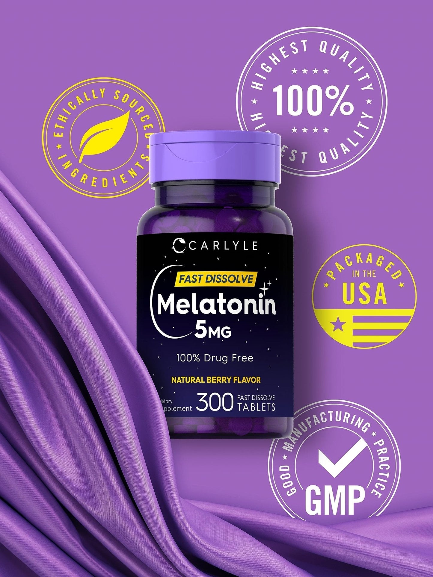 Carlyle Melatonin 5 mg Fast Dissolve 300 Tablets | Berry Flavor | Vegetarian, Non-GMO Supplement - Maple Wellness Supplements