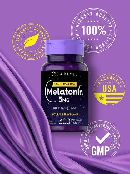 Carlyle Melatonin 5 mg Fast Dissolve 300 Tablets | Berry Flavor | Vegetarian, Non-GMO Supplement - Maple Wellness Supplements