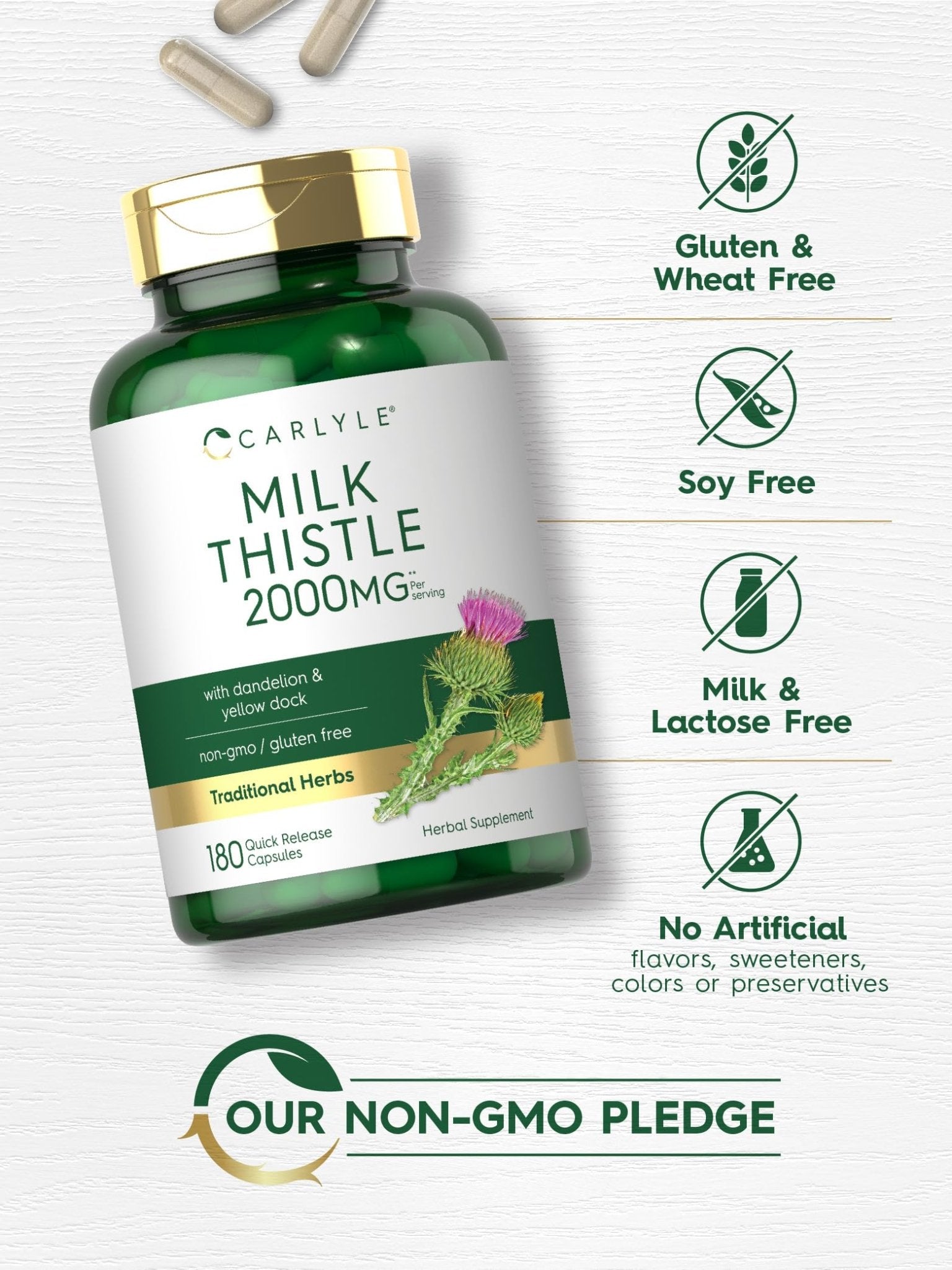Carlyle Milk Thistle 2000mg | 180 Capsules | with Dandelion & Yellow Dock | Non-GMO - Maple Wellness Supplements