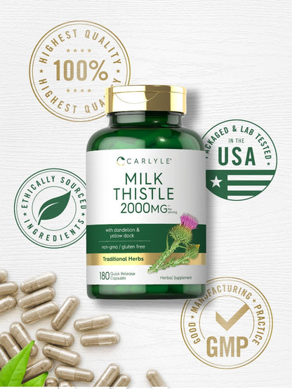 Carlyle Milk Thistle 2000mg | 180 Capsules | with Dandelion & Yellow Dock | Non-GMO - Maple Wellness Supplements