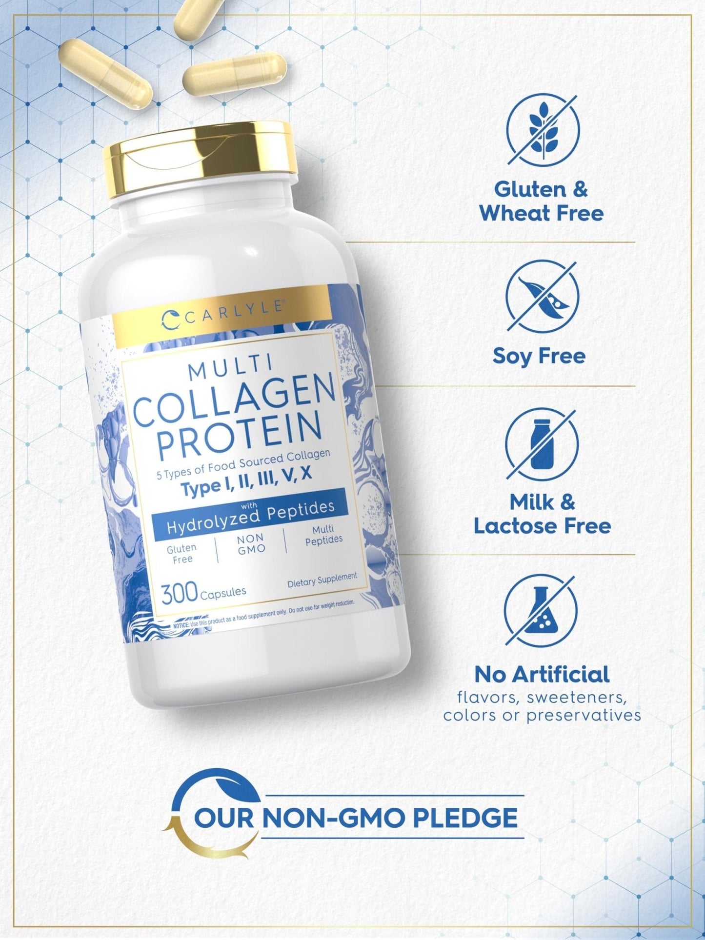 Carlyle Multi Collagen Protein Capsules 2000mg | 300 Count | Type I, II, III, V, X | Collagen Peptide Pills | Keto & Paleo Friendly - Maple Wellness Supplements