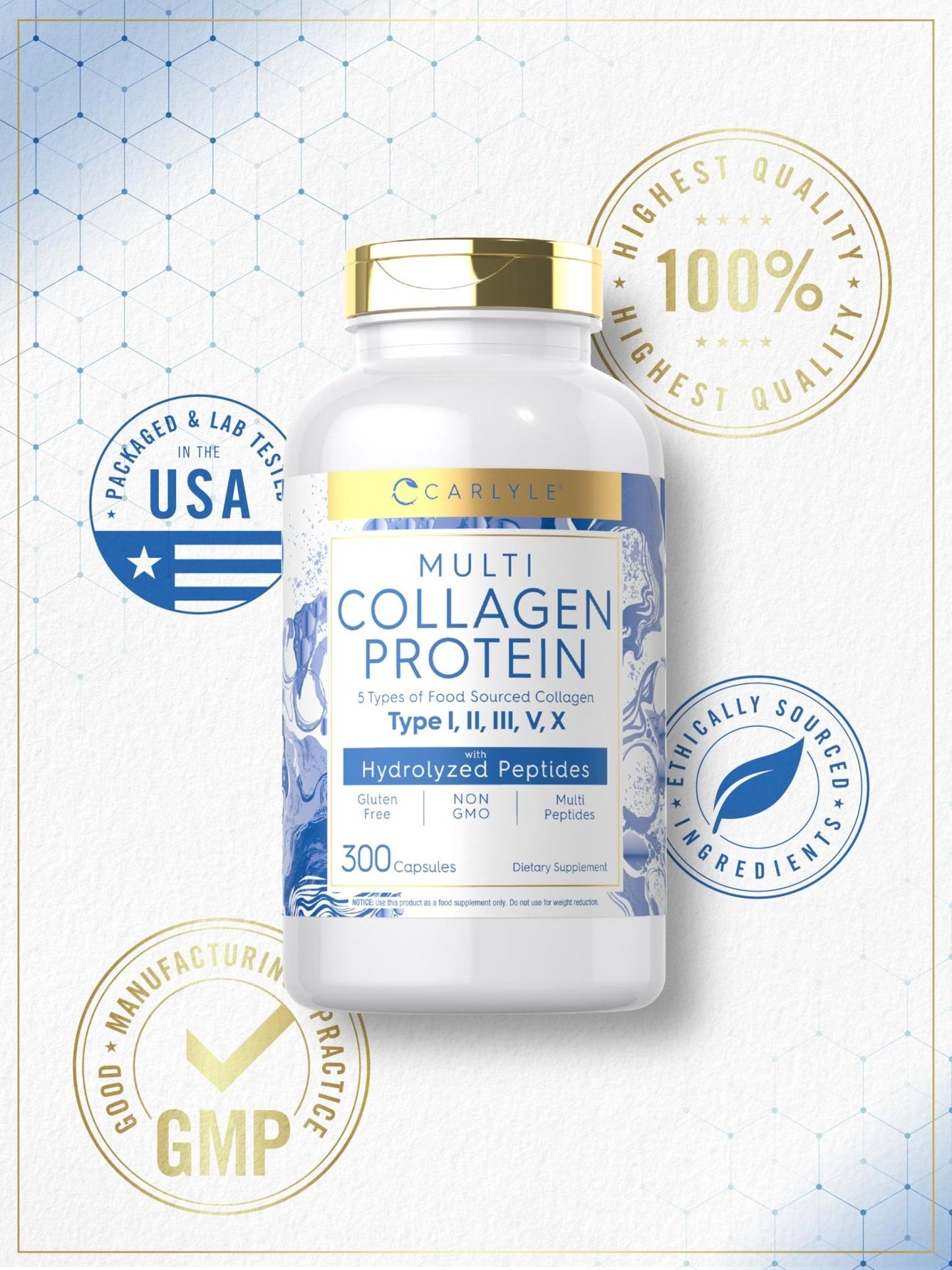 Carlyle Multi Collagen Protein Capsules 2000mg | 300 Count | Type I, II, III, V, X | Collagen Peptide Pills | Keto & Paleo Friendly - Maple Wellness Supplements