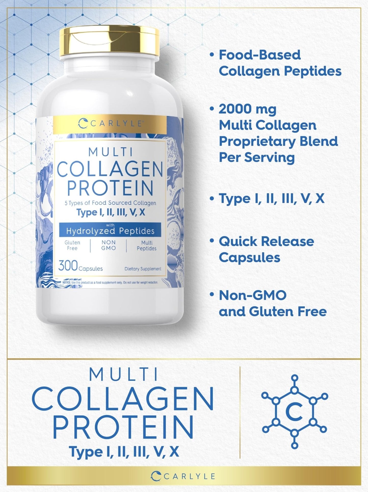 Carlyle Multi Collagen Protein Capsules 2000mg | 300 Count | Type I, II, III, V, X | Collagen Peptide Pills | Keto & Paleo Friendly - Maple Wellness Supplements