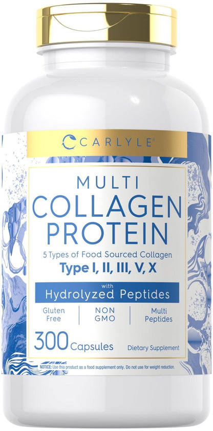 Carlyle Multi Collagen Protein Capsules 2000mg | 300 Count | Type I, II, III, V, X | Collagen Peptide Pills | Keto & Paleo Friendly - Maple Wellness Supplements