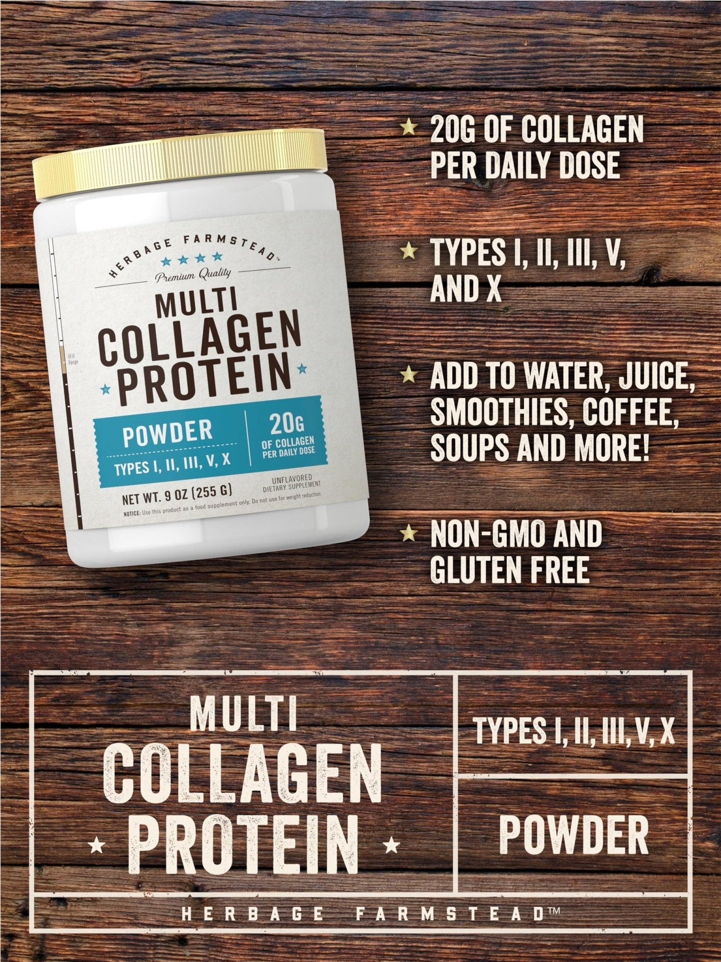 Carlyle Multi Collagen Protein Powder | Type I, II, III, V & X | 9 Oz | Peptides Premium Blend | Unflavored | for Women and Men | Non-GMO and Gluten Free | 25 Servings | by Herbage Farmstead - Maple Wellness Supplements