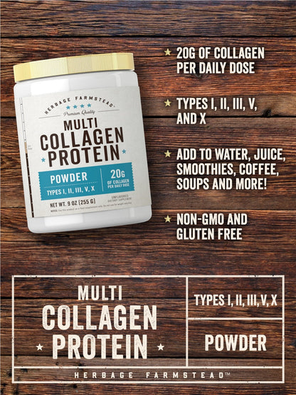 Carlyle Multi Collagen Protein Powder | Type I, II, III, V & X | 9 Oz | Peptides Premium Blend | Unflavored | for Women and Men | Non-GMO and Gluten Free | 25 Servings | by Herbage Farmstead - Maple Wellness Supplements