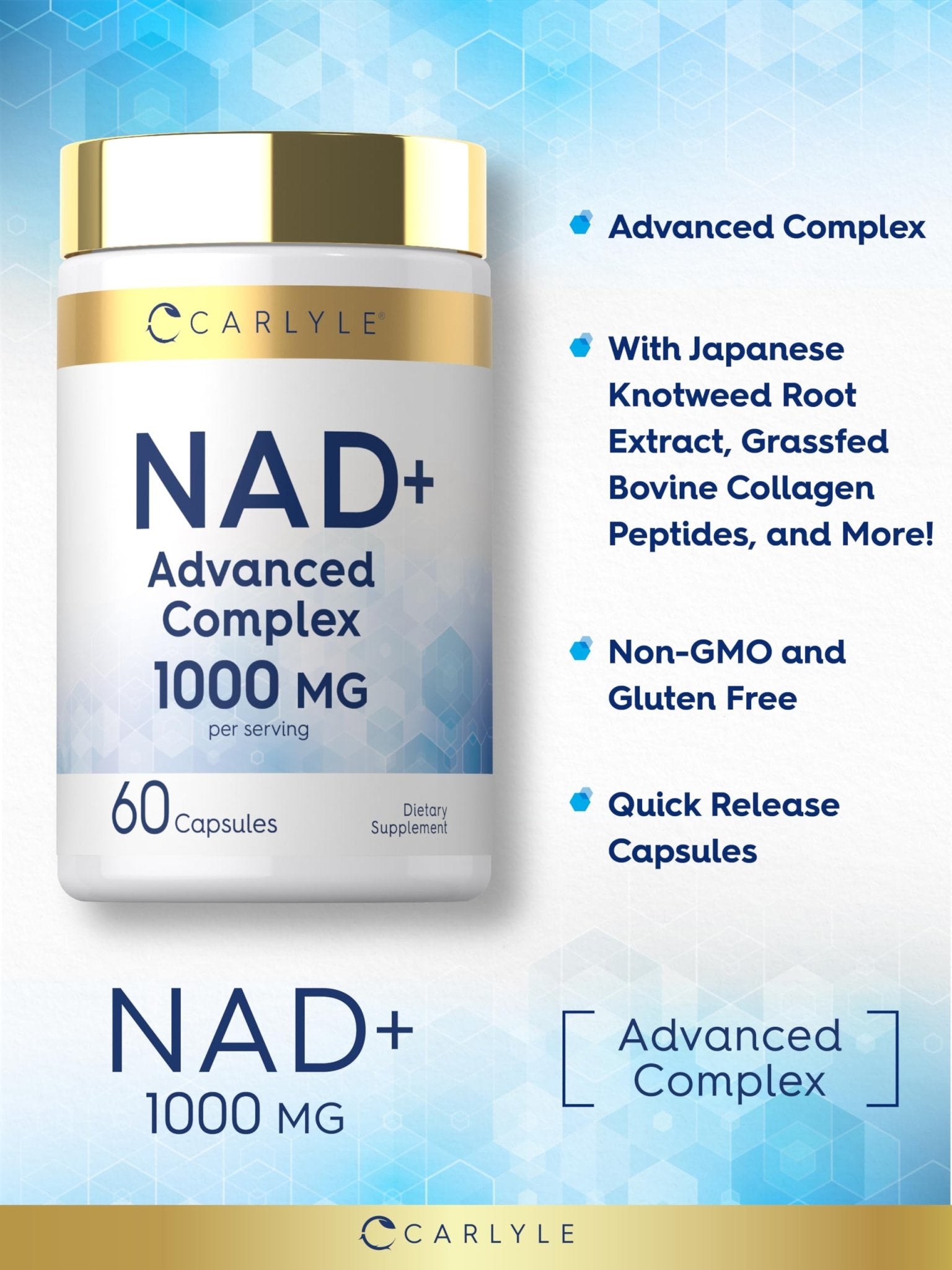 Carlyle NAD+ Supplement 1000 mg | 60 Capsules | with Resveratrol and Collagen | Advanced Complex for Women and Men | Non-GMO & Gluten Free - Maple Wellness Supplements