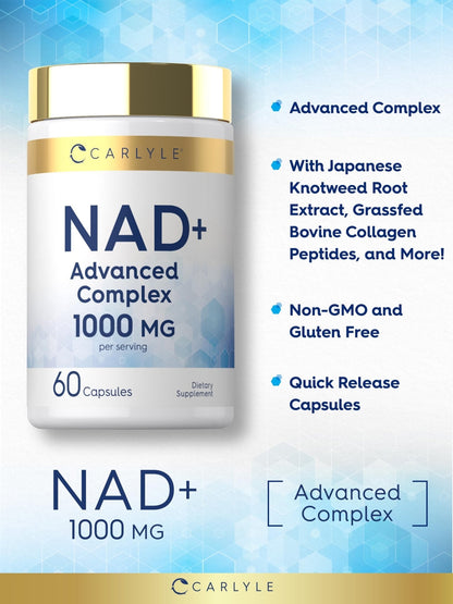 Carlyle NAD+ Supplement 1000 mg | 60 Capsules | with Resveratrol and Collagen | Advanced Complex for Women and Men | Non-GMO & Gluten Free - Maple Wellness Supplements