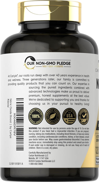 Carlyle Nitric Oxide Supplement 3000mg | 120 Capsules | with L-Arginine & L-Citrulline | for Men & Women | Pre & Post Workout | Non-GMO, Gluten Free - Maple Wellness Supplements