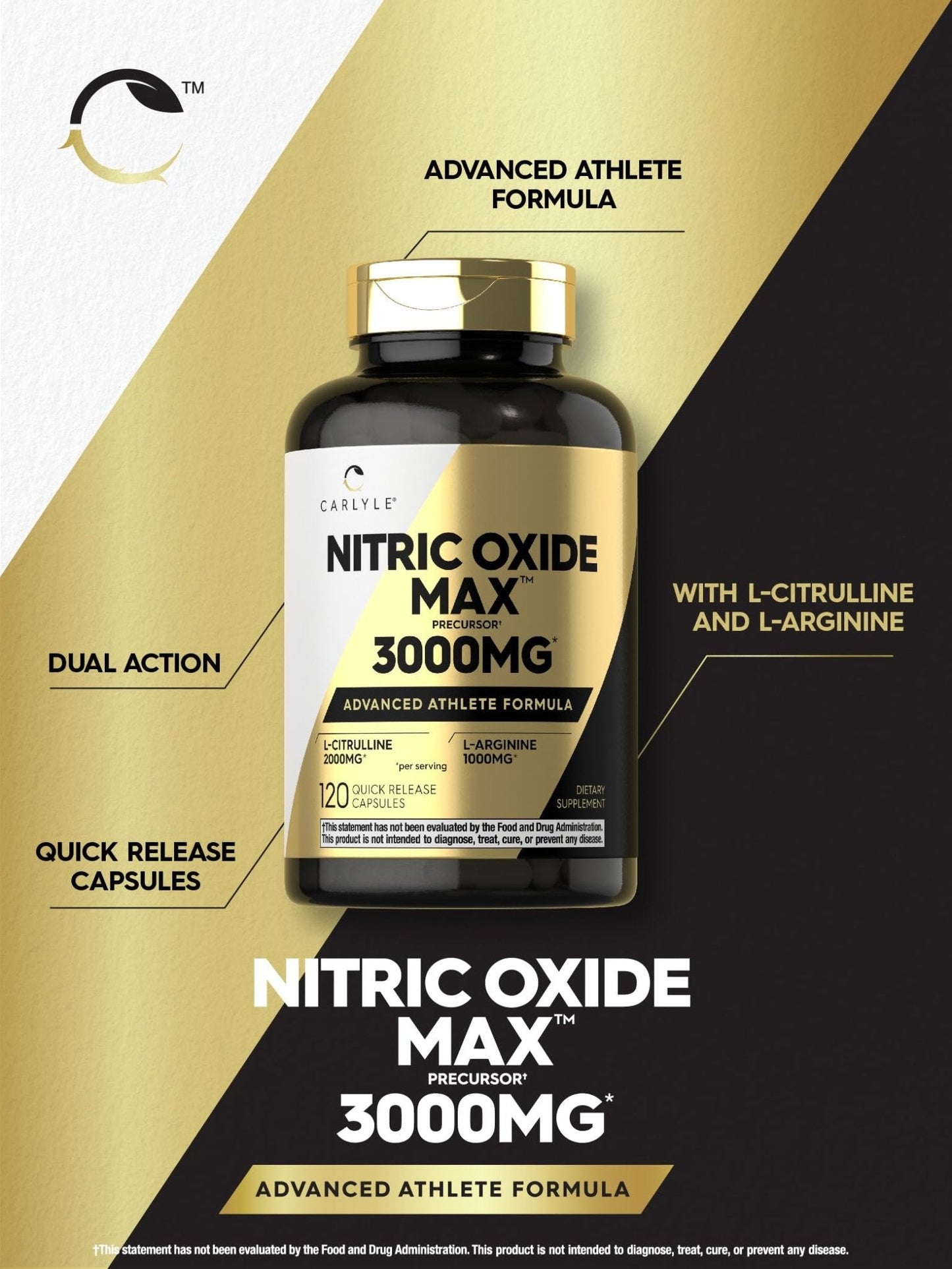 Carlyle Nitric Oxide Supplement 3000mg | 120 Capsules | with L-Arginine & L-Citrulline | for Men & Women | Pre & Post Workout | Non-GMO, Gluten Free - Maple Wellness Supplements