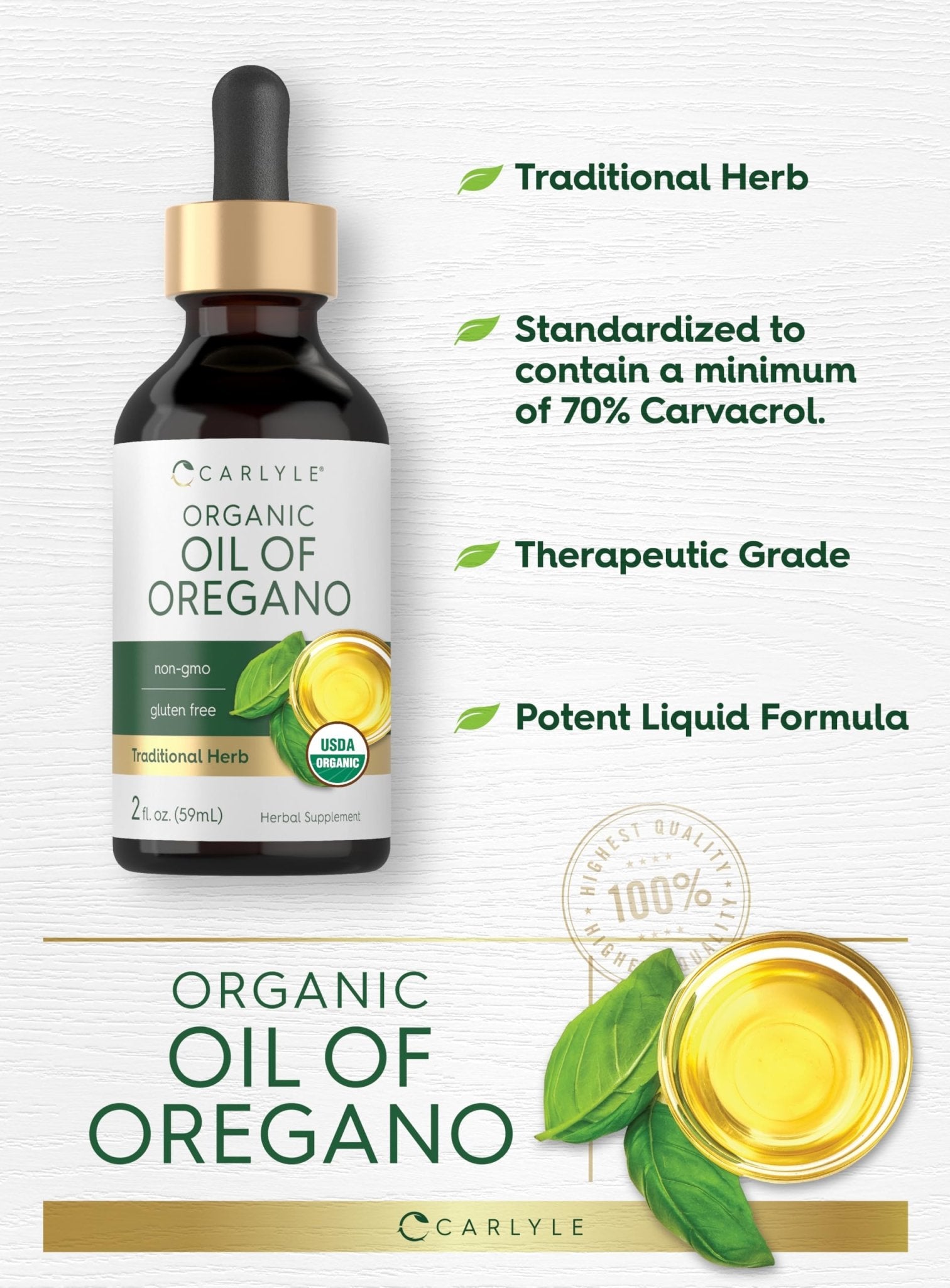 Carlyle Organic Oil of Oregano Liquid Drops - 2 fl oz - 1 Year Supply | Vegan Herbal Supplement | Non-GMO, Gluten Free - Maple Wellness Supplements