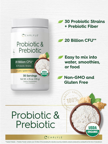 Carlyle Probiotic and Prebiotic Powder | 20 Billion CFU | 4.76 oz | Organic Fiber Blend | for Women and Men | Vegetarian, Non-GMO, - Maple Wellness Supplements