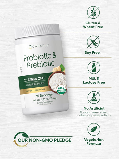 Carlyle Probiotic and Prebiotic Powder | 20 Billion CFU | 4.76 oz | Organic Fiber Blend | for Women and Men | Vegetarian, Non-GMO, - Maple Wellness Supplements