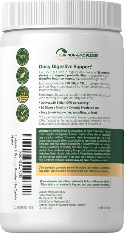 Carlyle Probiotic and Prebiotic Powder | 20 Billion CFU | 4.76 oz | Organic Fiber Blend | for Women and Men | Vegetarian, Non-GMO, - Maple Wellness Supplements