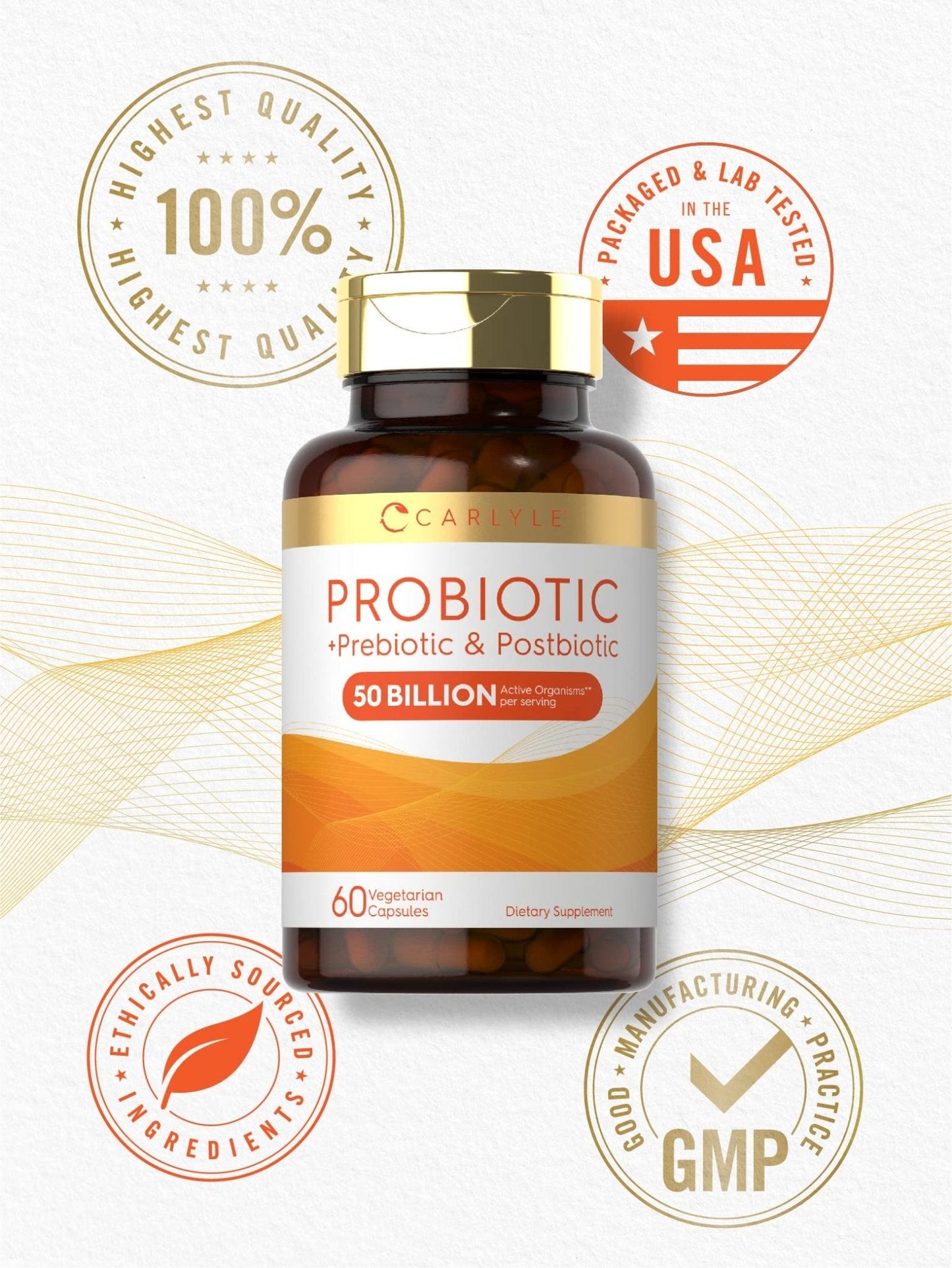 Carlyle Probiotic for Women and Men | 50 Billion CFU | 60 Capsules | Plus Prebiotic and Postbiotic | Complex Supplement | Vegetarian, Non-GMO, and Gluten Free - Maple Wellness Supplements