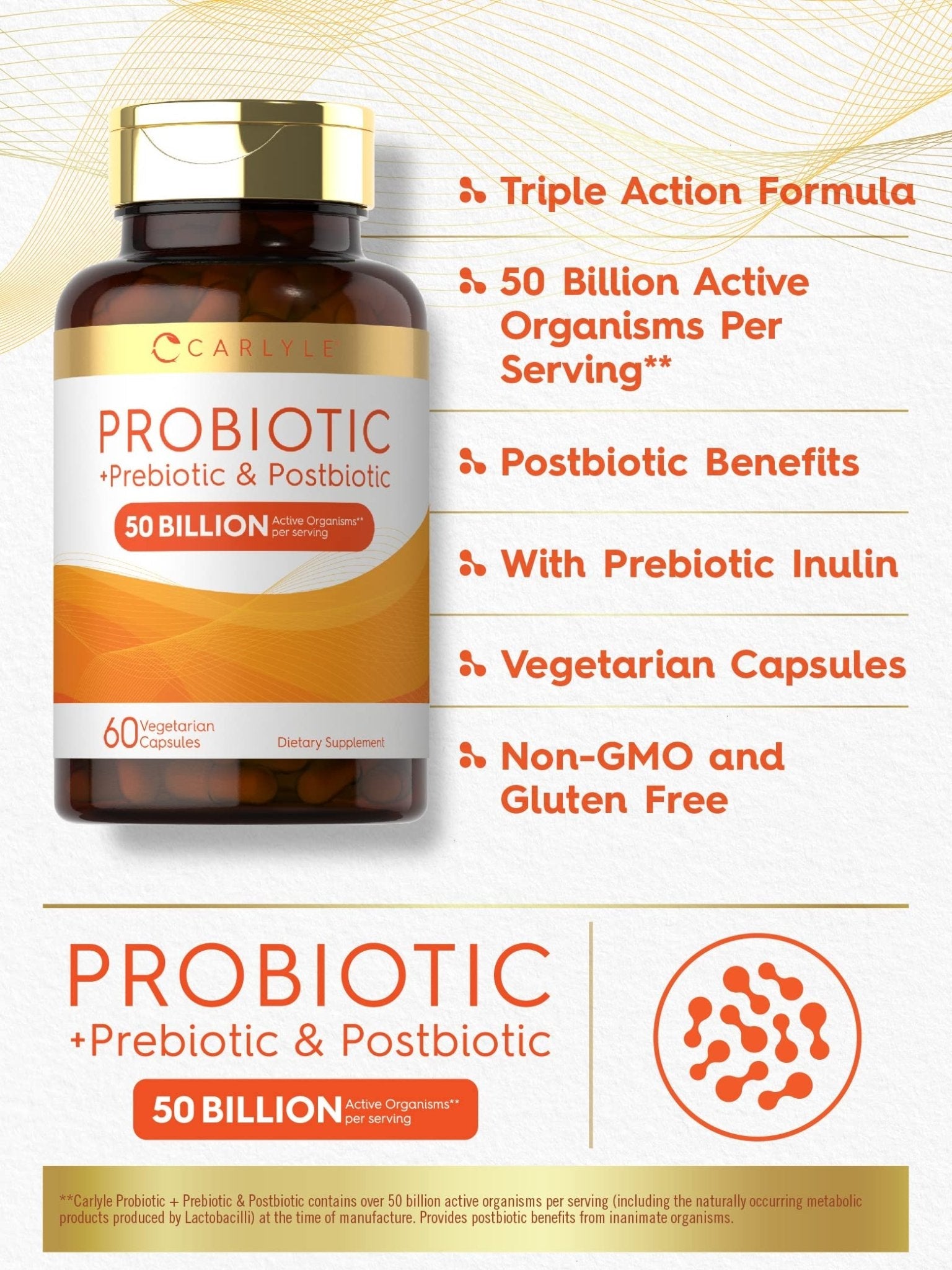 Carlyle Probiotic for Women and Men | 50 Billion CFU | 60 Capsules | Plus Prebiotic and Postbiotic | Complex Supplement | Vegetarian, Non-GMO, and Gluten Free - Maple Wellness Supplements