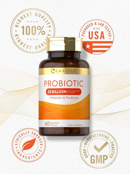 Carlyle Probiotic with Prebiotics & Postbiotics | 25 Billion CFU | 60 Capsules | Supplement for Women & Men | Powder Pills - Maple Wellness Supplements